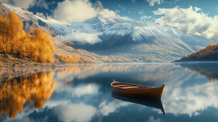 A serene scene featuring a charming boat anchored peacefully in a stunning mountain lake. The vibrant autumn colors and reflective water enhance the natural beauty, offering a tranquil escape.の素材