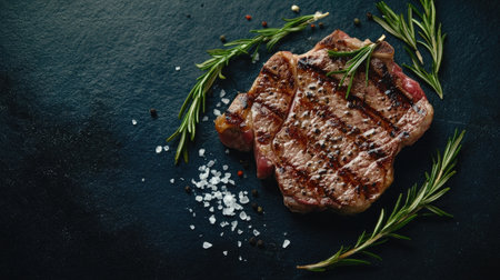 A beautifully grilled Bistecca Fiorentina served on a dark slate with fresh rosemary and coarse salt, perfect for any gourmet dining experience.の素材