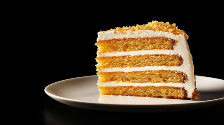 A beautifully crafted slice of layered honey cake, set on an elegant plate, showcasing rich flavors and creamy texture, perfect for any dessert lover.の素材