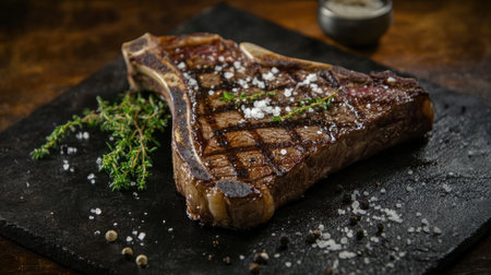 Indulge in a succulent grilled bone steak cooked to perfection, showcasing rich flavors and an inviting presentation, perfect for any gourmet dining experience.の素材