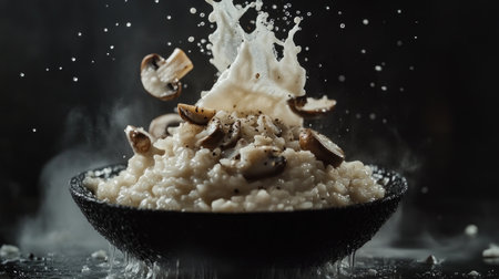 A dramatic portrayal of fresh mushroom risotto with a splash effect, showcasing creamy textures and vibrant flavors ideal for culinary photography.の素材