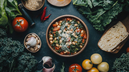 A rustic bowl of hearty ribollita surrounded by fresh vegetables, garlic, and nuts, showcasing a colorful and nutritious Italian comfort dish. Perfect for culinary inspiration.の素材