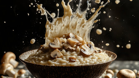 A dynamic still image capturing a splashing bowl of mushroom risotto, with sauce droplets and creamy textures set against a dark backdrop, showcasing culinary artistry.の素材