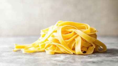 A close-up of fresh tagliatelle resting on a kitchen counter, showcasing the vibrant yellow color and smooth texture, perfect for culinary inspiration.の素材