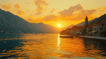 Experience a breathtaking sunset panorama over Kotor Bay, showcasing vibrant colors reflecting on the water, framed by stunning mountains and serene architecture.の素材