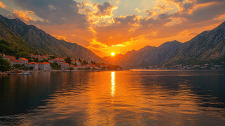 Experience a breathtaking sunset over Kotor's Bay in Montenegro. The vibrant colors reflect on the calm waters, creating a serene and picturesque landscape. Perfect for travel and nature photography.の素材