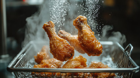 A vibrant shot of crispy deep fried chicken drumsticks, showcasing cooking perfection with steam and texture, ideal for food enthusiasts and chefs.の素材