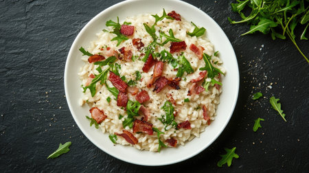 This visually striking top view of risotto showcases creamy rice adorned with crispy bacon and fresh herbs, perfect for a gourmet dining experience.の素材