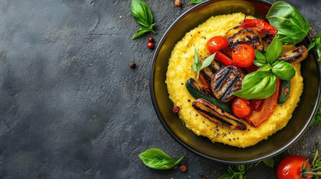 A vibrant polenta dish served with grilled vegetables, topped with fresh basil and cherry tomatoes, showcasing a colorful and healthy meal option.の素材