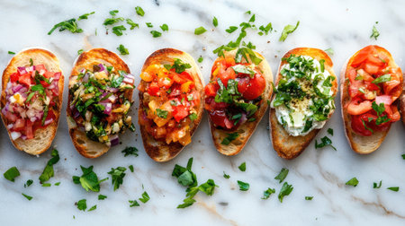 A colorful arrangement of assorted bruschetta on crunchy bread, topped with fresh ingredients and herbs. Perfect for appetizers or parties. Enjoy the vibrant flavors!の素材