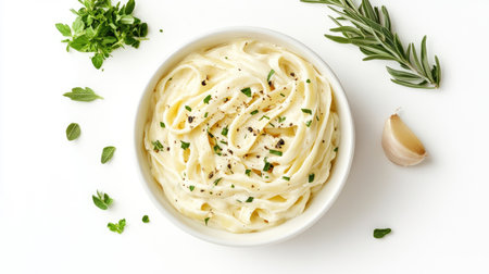 An overhead view of creamy fettuccine topped with fresh herbs and garlic offers a delicious and elegant meal idea. Perfect for Italian cuisine lovers.の素材