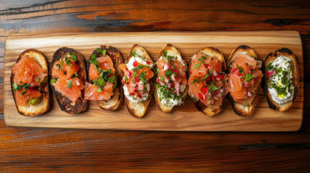 A top view of a wooden board beautifully arranged with delicious crostini. Each slice features various fresh toppings, making it perfect for gatherings and appetizers.の素材