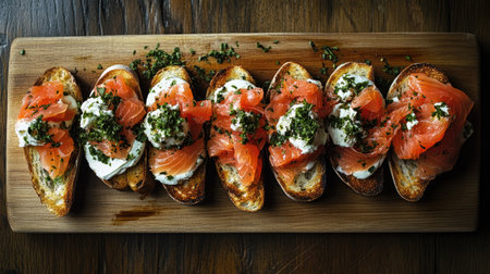 A top view of delicious appetizers on a wooden board, featuring toasted slices topped with fresh salmon, cream cheese, and herbs, perfect for any gathering.の素材