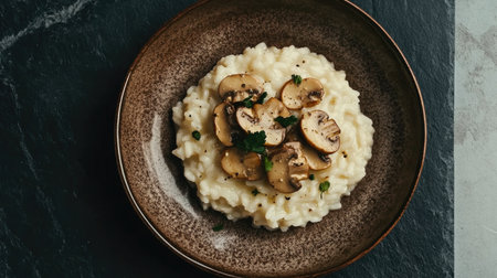 Indulge in this creamy mushroom risotto, elegantly presented on a flat plate. A perfect dish for gourmet dining, showcasing fresh ingredients and rich flavors.の素材