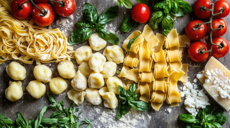 A visually appealing flat lay of fresh ingredients perfect for Italian cuisine. Featuring pasta, tomatoes, basil, and cheese, this arrangement captures the essence of culinary art.の素材