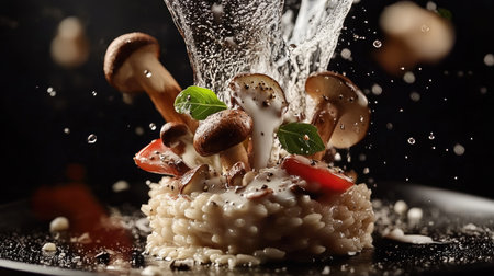 An artistic portrayal of mushroom risotto captured mid-air with a dynamic splash effect, showcasing a gourmet dish that's both visually stunning and appetizing.の素材