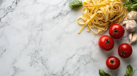An elegant composition featuring fresh pasta, tomatoes, garlic, and basil on a marble surface, perfect for showcasing culinary creativity and freshness.の素材