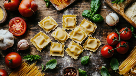 Discover a vibrant display of fresh pasta surrounded by colorful ingredients like tomatoes, garlic, and basil, ideal for culinary inspiration and recipes.の素材