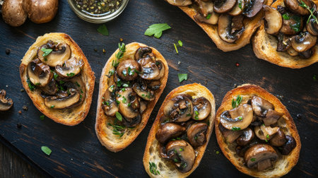 Overhead shot of grilled bruschetta topped with sautの素材