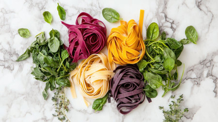 An overhead view of vibrant homemade pasta beside fresh greens showcases a beautiful arrangement of colors and textures, perfect for culinary inspiration.の素材