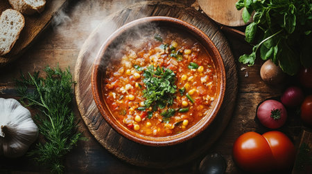 A steaming bowl of vibrant vegetable soup captured from above, showcasing fresh ingredients and herbs, perfect for cozy dining and healthy meals.の素材
