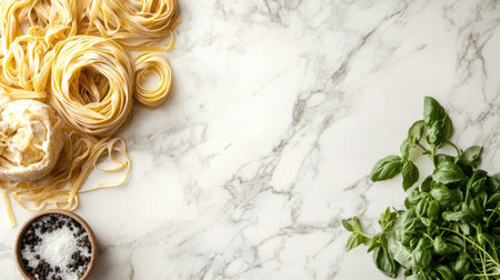 Discover an elegant composition featuring fresh pasta alongside basil and salt, set against a marble table, perfect for culinary inspiration and food photography.の素材