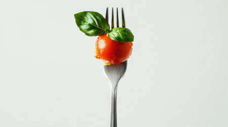 Discover an elegant overhead view of a silver fork holding a fresh tomato and basil, perfect for food styling or culinary presentations.の素材