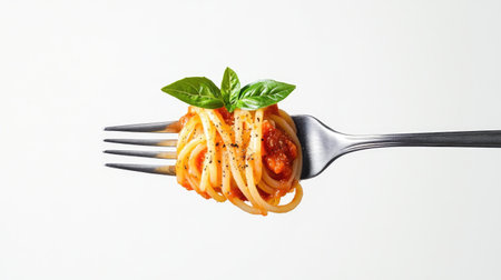 This stunning overhead view showcases a silver fork holding a delicious twirl of spaghetti topped with fresh basil, perfect for food lovers and culinary enthusiasts.の素材