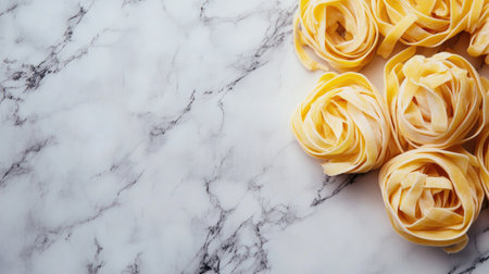 Discover an elegant composition featuring fresh pasta arranged beautifully on a marble background, perfect for culinary presentations and food photography.の素材