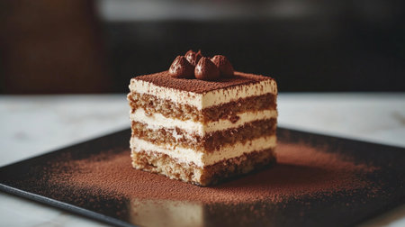 This elegant slice of tiramisu showcases rich layers of chocolate and coffee flavor, beautifully presented on a plate, perfect for dessert lovers.の素材
