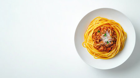 A captivating overhead view of a bowl of spaghetti, featuring a rich sauce and garnished with herbs. Perfect for showcasing delicious Italian cuisine in various contexts.の素材