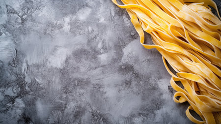 Fresh pasta strands elegantly displayed on a textured gray background, perfect for culinary artwork or showcasing gourmet cooking ingredients.の素材