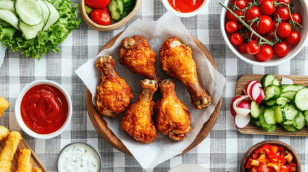 A top-down view of crispy fried chicken drumsticks arranged on a rustic platter surrounded by fresh vegetables and sauces, perfect for any meal.の素材