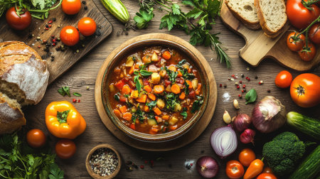 A vibrant flat lay of ribollita served in a beautiful ceramic bowl, surrounded by fresh vegetables and rustic bread. Perfect for showcasing healthy homemade meals.の素材