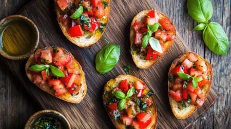 A stunning overhead view of beautifully arranged bruschetta on a rustic wooden board. Fresh ingredients and vibrant colors make this appetizer inviting and flavorful. Perfect for gatherings.の素材
