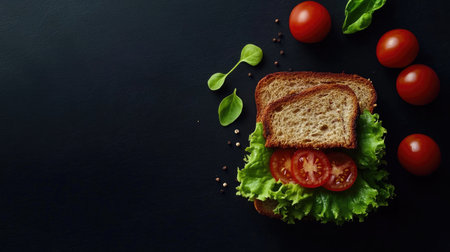 A top view of a wholesome sandwich made with rye bread, fresh lettuce, and juicy tomatoes, showcasing vibrant colors and natural ingredients. Perfect for a healthy meal.の素材