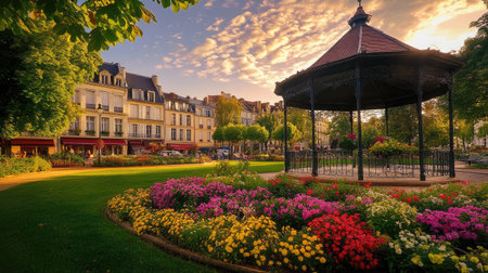 A picturesque park in Nancy, France, showcases vibrant flowers and a charming gazebo. Ideal for relaxation and enjoying nature's beauty during sunset.の素材