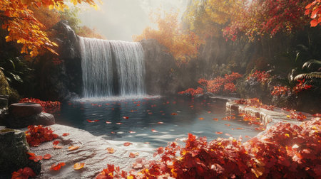 Experience the serene beauty of Huai Mae Khamin Waterfall, where vibrant autumn leaves fall gracefully into a tranquil pool, creating a stunning natural landscape perfect for relaxation and photography.の素材