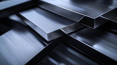 A close-up view of stacked metallic profiles displaying intricate details and textures, showcasing industrial elegance and design sophistication in a modern setting.の素材