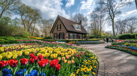 Explore the vibrant tulip garden at Keukenhof, showcasing a stunning array of colorful flowers in a picturesque landscape. A perfect spot for relaxation and photography.の素材