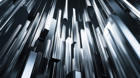 A captivating high angle shot showcasing metallic profiles stacked in an artistic arrangement. This visually dynamic image emphasizes reflections and textures.の素材