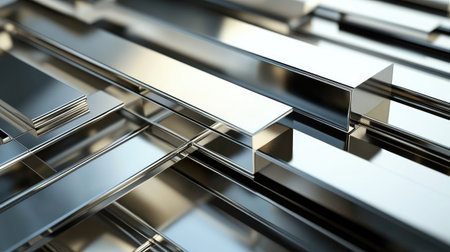 A close-up view of shiny metallic profiles forming a complex stack. This image highlights the smooth surfaces and geometric shapes, perfect for industrial or architectural themes.の素材