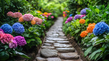 Discover a serene garden pathway lined with vibrant flowers, featuring a beautiful mixture of colors and natural stones inviting exploration through lush greenery.の素材