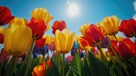 Experience the vibrant beauty of tulip blooms at Keukenhof Garden. This stunning scene captures the lively colors and fresh atmosphere of spring.の素材