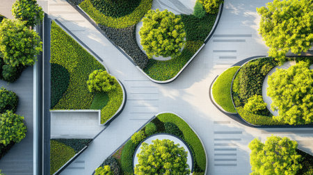 A captivating high angle view of a geometric garden showcases lush greenery and artistic designs, blending nature with contemporary landscape architecture.の素材