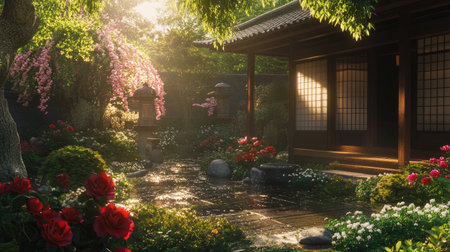 Experience the tranquility of a dreamy Japanese garden in Springfield. This serene landscape features vibrant flowers, lush greenery, and traditional architecture, perfect for relaxation.の素材