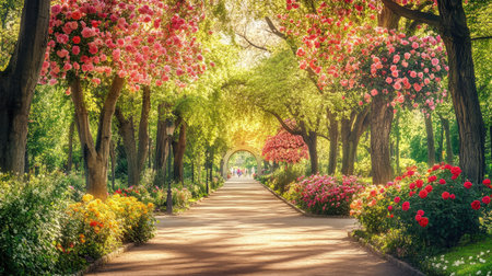 A tranquil springtime scene in Albert Kahn Park featuring blooming flowers and vibrant green trees along a peaceful pathway. Perfect for nature lovers.の素材