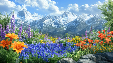 A breathtaking flower garden bursting with vibrant blooms, nestled beneath majestic mountains. Experience the tranquility and beauty of nature's colors in this scenic landscape.の素材