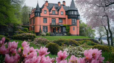 This picturesque scene features Krapperups Slott, a stunning castle surrounded by vibrant spring flowers and lush greenery, embodying tranquility and charm.の素材