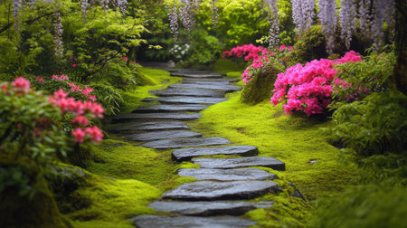A tranquil, narrow stone walkway meanders through a vibrant garden filled with pink blooms and lush greenery, creating a serene and inviting atmosphere.の素材